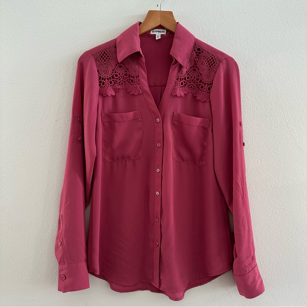 Express Berry Pink Long Sleeve Collared Button-Up Blouse, Lace Accents, Size XS